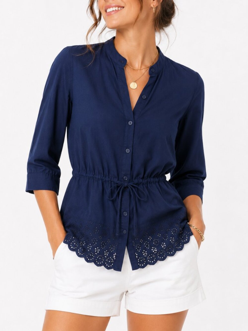 Calypso St. Barth Navy Cotton Eyelet Button-Down Tunic Shirt Size S